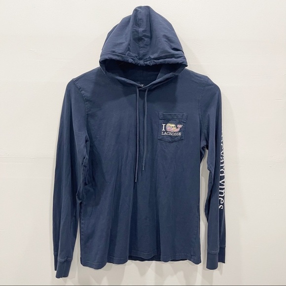 Vineyard Vines I Whale Lacrosse Navy Hoodie Tee Long Sleeve Navy Drawstring S - Picture 1 of 8